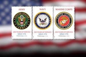 Three postal stamps with an American flag in the background.