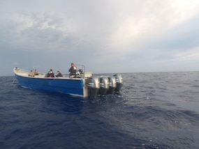 A law enforcement boat crew assigned to U.S. Coast Guard Cutter Calhoun (WMSL 759) interdicts a vessel suspected of smuggling narcotics, seizing approximately 3,135 pounds of cocaine and 14 pounds of marijuana in the Carribean Sea, May 15, 2025. USCGC Calhoun’s crew offloaded approximately 19,055 pounds of cocaine and marijuana, worth an estimated $140.9 million, on Friday, 16 May, in Fort Lauderdale. (U.S. Coast Guard photo)