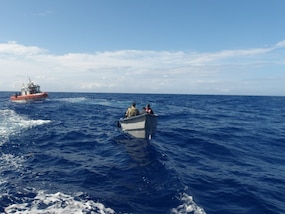 A law enforcement boat crew assigned to U.S. Coast Guard Cutter Calhoun (WMSL 759) conducts a boarding of a vessel suspected of smuggling narcotics approximately 70 miles off the coast of the Dominican Republic, May 5, 2025. USCGC Calhoun’s crew offloaded approximately 19,055 pounds of cocaine and marijuana, worth an estimated $140.9 million, at Port Everglades, May 16, 2025. (U.S. Coast Guard photo)