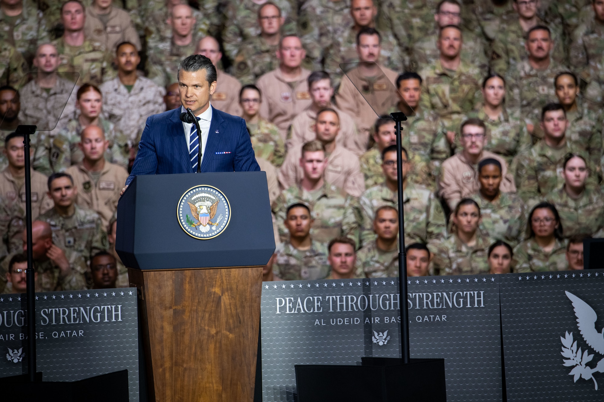 Secretary of Defense Pete Hegseth addresses troops during President Donald J. Trump’s visit to Al Udeid Air Base, Qatar, May 15, 2025. Trump toured the Middle East to include stops in Saudi Arabia, Qatar and the United Arab Emirates. (U.S. Air Force photo by Staff Sgt. Sean Moriarty)
