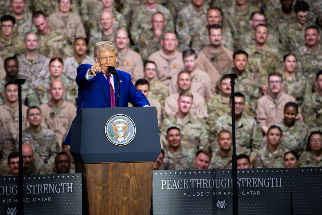President Donald J. Trump addresses U.S. forces, coalition partners and Qatari citizens at Al Udeid Air Base, Qatar, May 15, 2025. This marks Trump’s first official visit to the Middle East during his second presidency. (U.S. Air Force photo by Staff Sgt. Sean Moriarty)