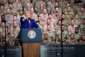 President Donald J. Trump addresses U.S. forces, coalition partners and Qatari citizens at Al Udeid Air Base, Qatar, May 15, 2025. This marks Trump’s first official visit to the Middle East during his second presidency. (U.S. Air Force photo by Staff Sgt. Sean Moriarty)