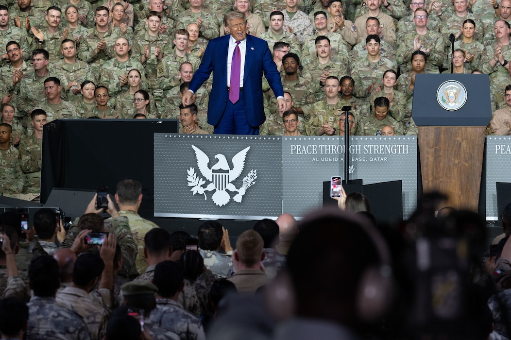 President Donald J. Trump shows his excitement to U.S. Forces and coalition partners at Al Udeid Air Base, Qatar, May 15, 2025. Trump is the first U.S. President to visit AUAB since 2003. (U.S. Air Force photo by Senior Airman Dieondiere Jefferies)