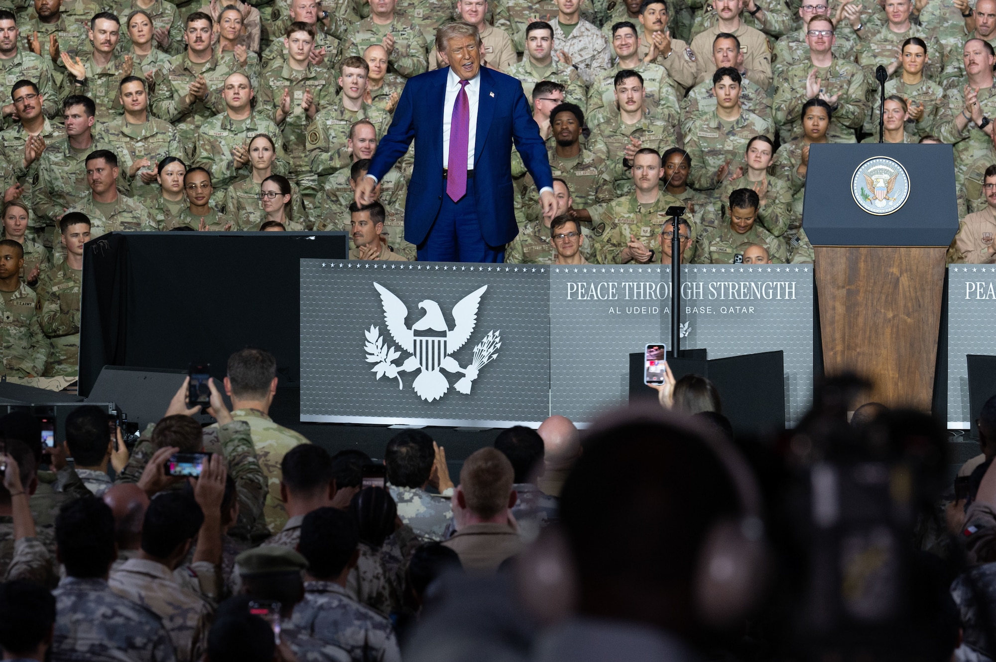 President Donald J. Trump shows his excitement to U.S. Forces and coalition partners at Al Udeid Air Base, Qatar, May 15, 2025. Trump is the first U.S. President to visit AUAB since 2003. (U.S. Air Force photo by Senior Airman Dieondiere Jefferies)