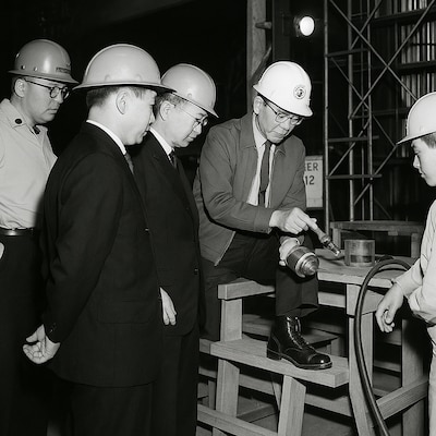 An Okinawa Engineer District employee demonstrates the U.S. Army Corps of Engineers electrical capabilities to to Mr. Nagamine, Vice President, Ryukyu Electric Power Corporation and personnel from the government of the Ryukyu Islands (1968).
