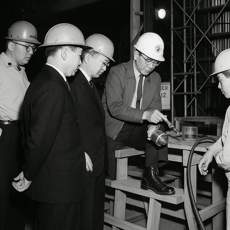 An Okinawa Engineer District employee demonstrates the U.S. Army Corps of Engineers electrical capabilities to to Mr. Nagamine, Vice President, Ryukyu Electric Power Corporation and personnel from the government of the Ryukyu Islands (1968).