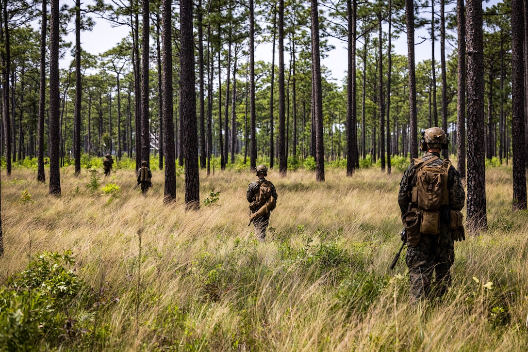 U.S. Marines with Lima Company, Battalion Landing Team 3/6, 22nd Marine Expeditionary Unit, conduct a patrol during a simulated raid, in support of Amphibious Ready Group MEU exercise (ARGMEUEX) on Marine Corps Base Camp Lejeune, North Carolina, May. 16, 2025. During ARGMEUX, the 22nd MEU, aboard IWOARG shipping, conducts training in support of various mission essential tasks that enhance operational readiness and lethality as a unified IWOARG/22 MEU team. (U.S. Marine Corps photo by Sgt. Nathan Mitchell)