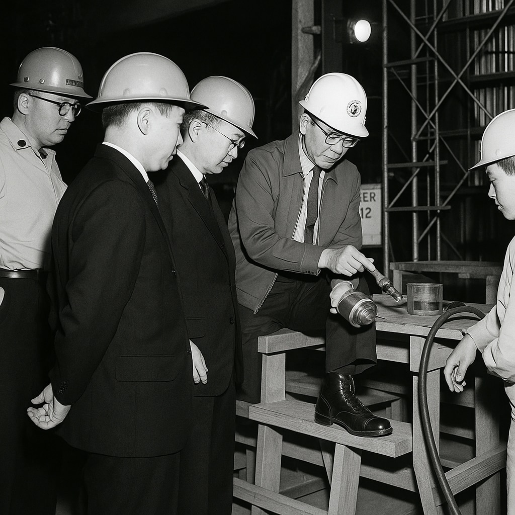 An Okinawa Engineer District employee demonstrates the U.S. Army Corps of Engineers electrical capabilities to to Mr. Nagamine, Vice President, Ryukyu Electric Power Corporation and personnel from the government of the Ryukyu Islands (1968).