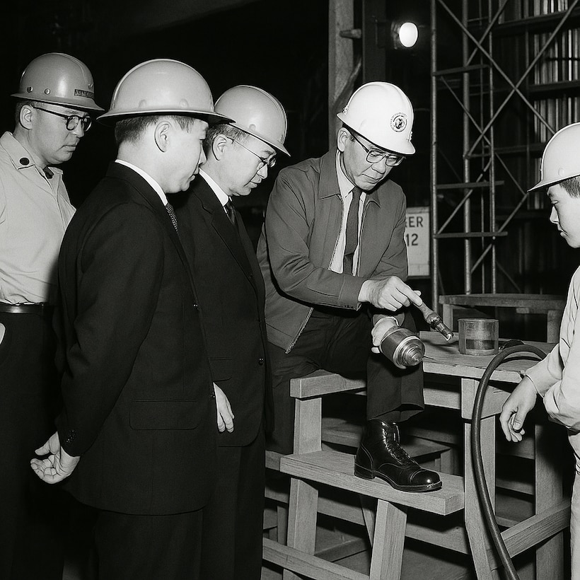 An Okinawa Engineer District employee demonstrates the U.S. Army Corps of Engineers electrical capabilities to to Mr. Nagamine, Vice President, Ryukyu Electric Power Corporation and personnel from the government of the Ryukyu Islands (1968).