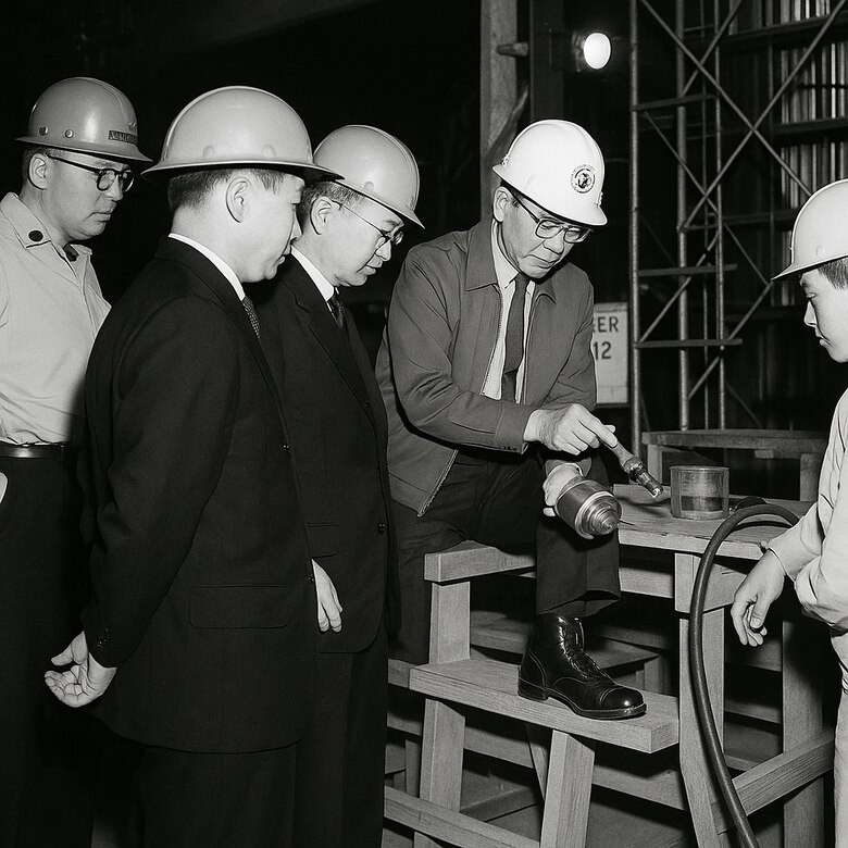 An Okinawa Engineer District employee demonstrates the U.S. Army Corps of Engineers electrical capabilities to to Mr. Nagamine, Vice President, Ryukyu Electric Power Corporation and personnel from the government of the Ryukyu Islands (1968).