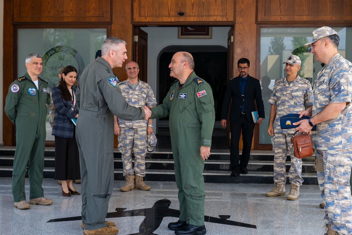 U.S. Air Force Maj. Gen. Joseph Campo, left, Headquarters U.S. Air Forces in Europe and Air Forces Africa Operations, Strategic Deterrence and Nuclear Integration director, shakes hands with Turkish Air Force Brig. Gen. Kemel Güleç, 10th Main Jet Base Command commander, after a meeting at Incirlik Air Base, Türkiye, May 14, 2025.