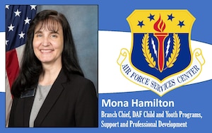 AFIMSC Mission Monday graphic with Mona Hamilton's official photo and AFSVC shield.