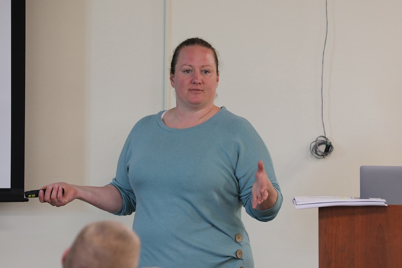 Tifini Steif, Suicide Prevention Program Manager, 85th U.S. Army Reserve Support Command, teaches a class during the Tier 2 Ask Care Escort Suicide Prevention liaison training at the Paul G. Schulstad Army Reserve Center in Arlington Heights, Illinois, May 13-15, 205.