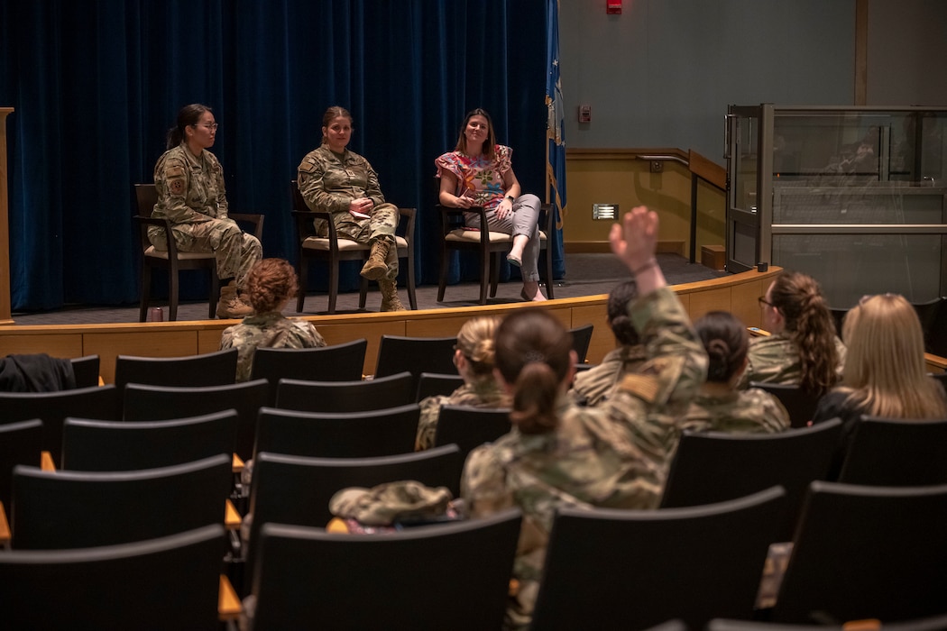An airman from the 88th Air Base Wing asks a question during a health panel at Wright-Patterson Air Force Base Medical Center on March 8, 2024. The panel, hosted by female leaders from the 88th Medical Group, highlighted the importance of women’s health.