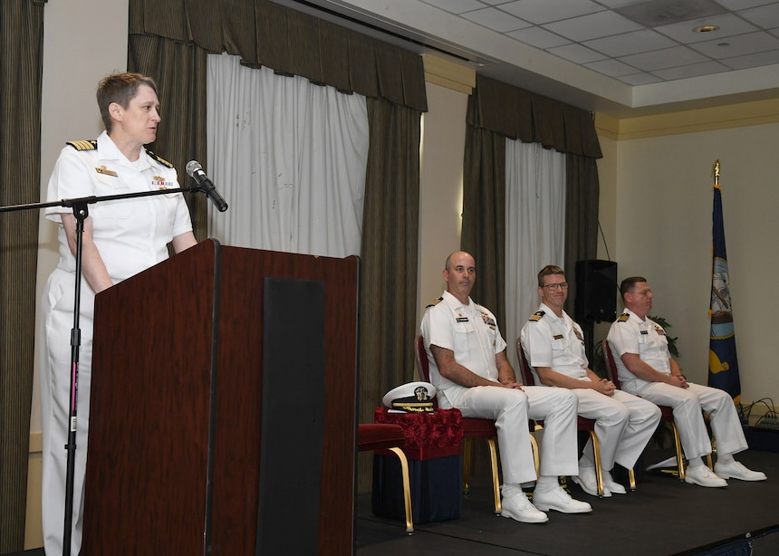 Capt. Meredith Schley, Commander, Naval Information Warfare Training Group, presides as guest speaker during a change of command ceremony May 16. Capt. Stephen McIntyre was relieved by Cmdr. Kenneth Brooks as the Commanding Officer, Naval Information Warfare Training Group (NIWTG) Norfolk. NIWTG provides unsurpassed information operations (IO) support to naval combatant and joint force commanders and leads the transformation of IO in defense of our nation. (U.S. Navy photo by Robert Fluegel/RELEASED)