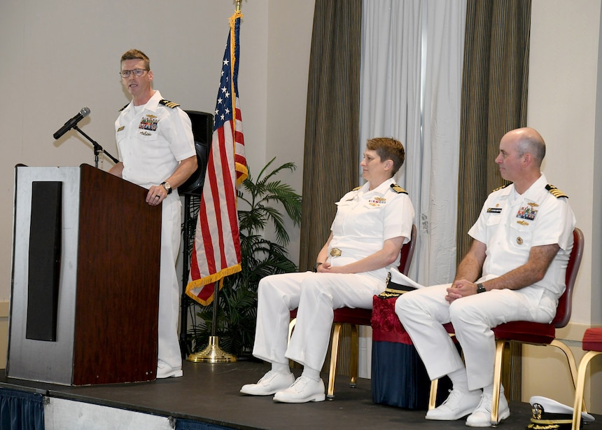 Cmdr. Kenneth Brooks addresses the audience after taking command of Naval Information Warfare Training Group (NIWTG) Norfolk during a change of command ceremony May 16. Cmdr. Brooks relieved Capt. Stephen McIntyre, as the Commanding Officer, during the ceremony. NIWTG provides unsurpassed information operations (IO) support to naval combatant and joint force commanders and leads the transformation of IO in defense of our nation. (U.S. Navy photo by Robert Fluegel/RELEASED)