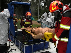 Guatemalan fire fighters practice hazardous material training on a mannequin