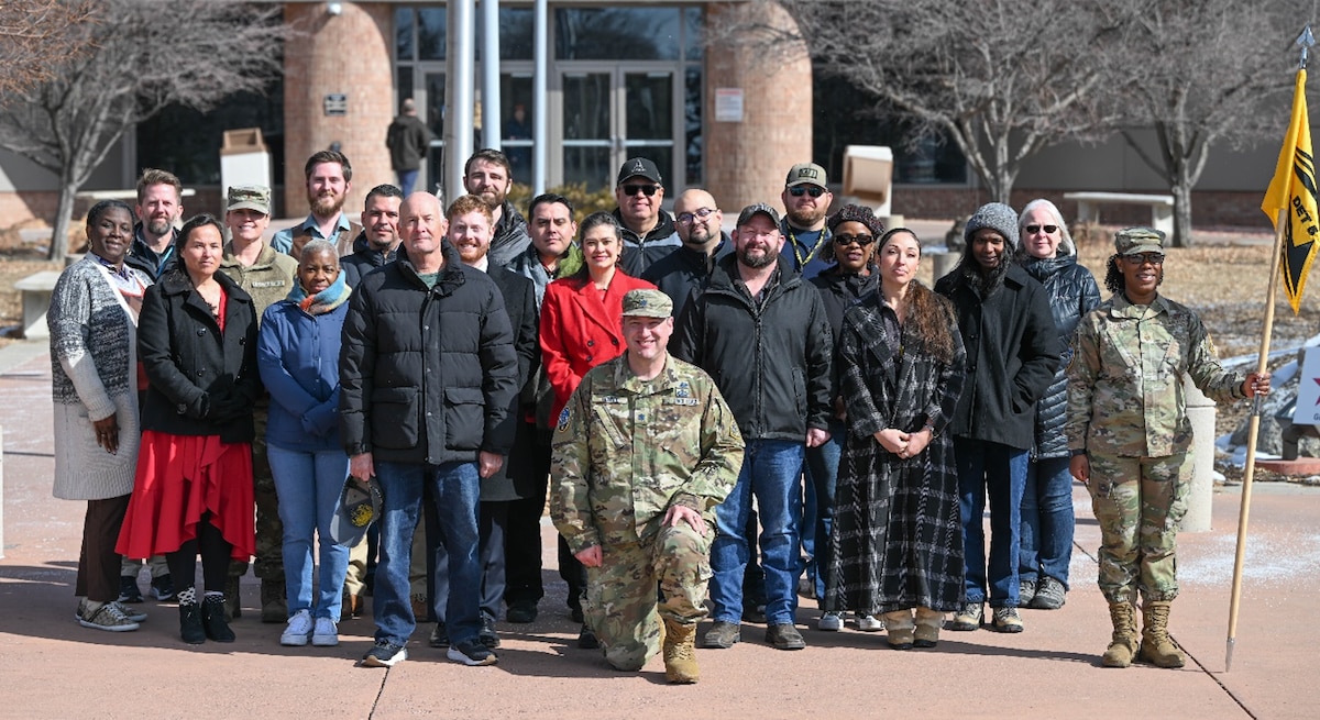 Lt. Col. Chuck DeBree (center) poses with his Det. 5 team at Peterson Space Force Base. Det. 5 supports more than 2,500 SSC personnel across six Program Executive Offices, the Warfighting Integration Office, Contracting and S-Staff (senior leadership and staff organizations) in more than 26 operating locations. Courtesy photo.