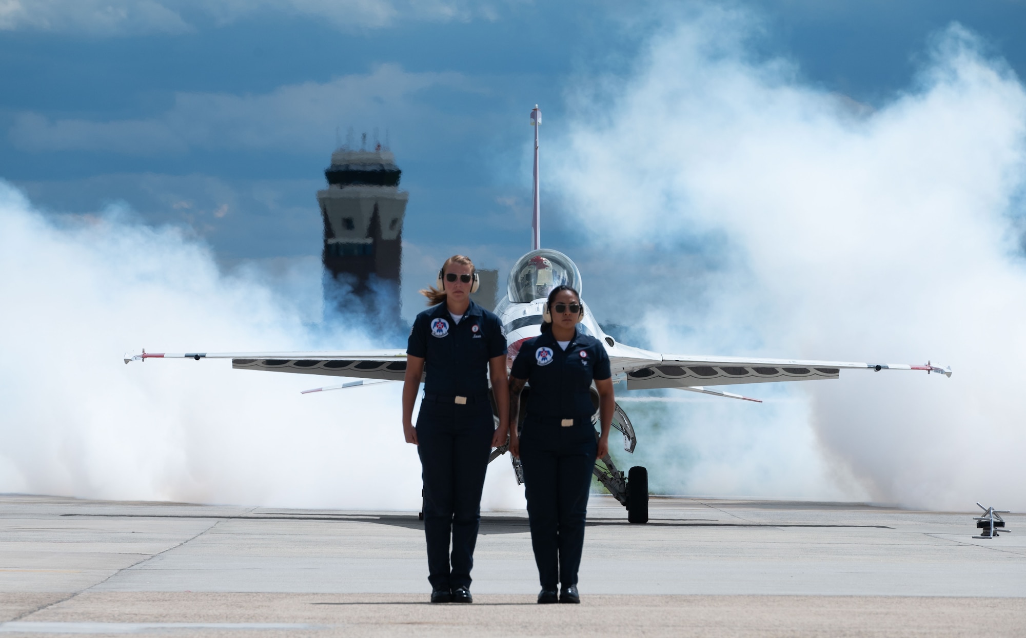The U.S. Air Force’s official demonstration team, the “Thunderbirds” prepare to take off during their ground performance at Joint Base McGuire-Dix-Lakehurst, N.J.