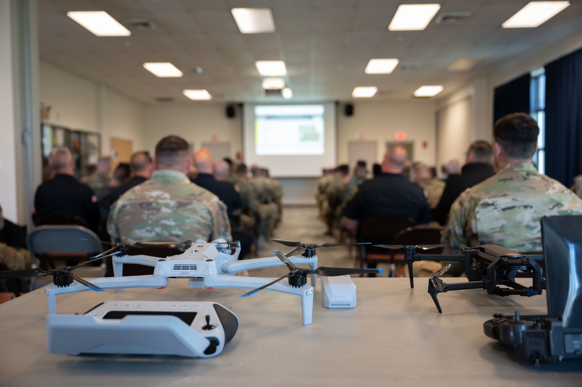 The 102nd Intelligence Wing Emergency Management Office facilitates Drone Awareness and Threat Picture training on Otis Air National Guard Base, Massachusetts, May 2, 2025. The goal of the training was to provide emergency personnel with the knowledge and skills necessary to detect, identify, track, assess, respond to and report unmanned aircraft system activity.
