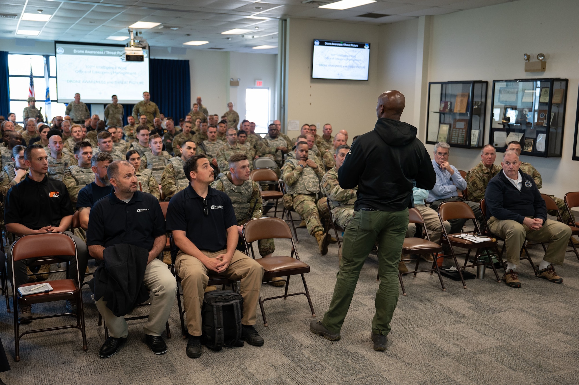 The 102nd Intelligence Wing Emergency Management Office facilitates Drone Awareness and Threat Picture training on Otis Air National Guard Base, Massachusetts, May 2, 2025. The goal of the training was to provide emergency personnel with the knowledge and skills necessary to detect, identify, track, assess, respond to and report unmanned aircraft system activity.