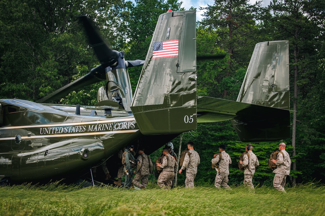 U.S. Marines with Marine Corps Air Facility Quantico board an MV-22B Osprey during a field exfiltration at The Basic School on Marine Corps Base Quantico, May 15, 2025. Marines with MCAF embarked on a two-day field exercise including events such as land navigation, a mess night, a machine-gun range and culminating with a field exfiltration. (U.S. Marine Corps photo by Lance Cpl. Braydon Rogers)