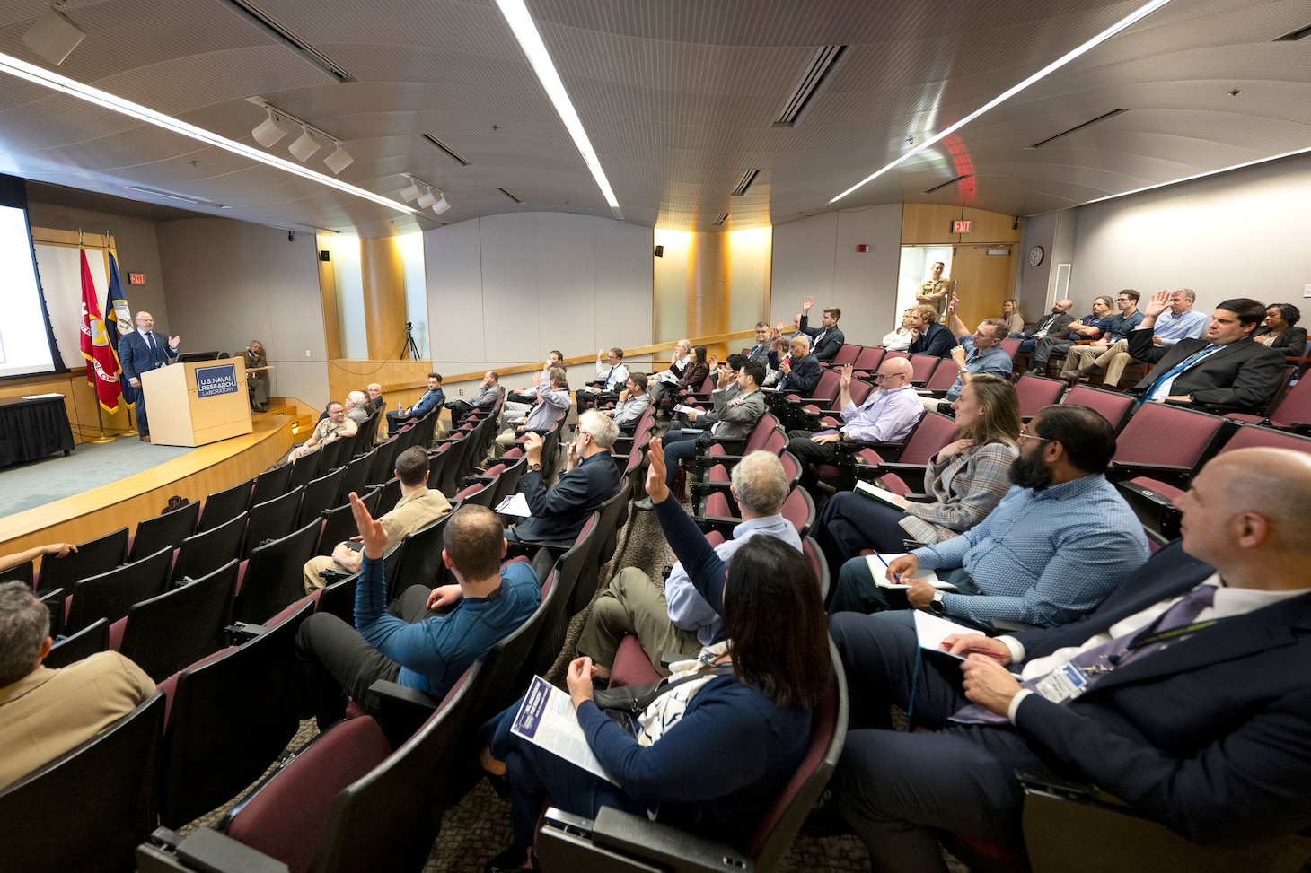 Nearly 30 industry attendees visited the U.S. Naval Research Laboratory headquarters in Washington for Innovation Day for Industry, May 7, 2025. These regular events work to inform industry and to assess interest in a focused set of emerging technologies that are ready for collaboration with industry partners. (U.S. Navy photo by Sarah Peterson)