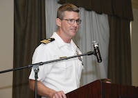 Cmdr. Kenneth Brooks addresses the audience after taking command of Naval Information Warfare Training Group (NIWTG) Norfolk during a change of command ceremony May 16. Cmdr. Brooks relieved Capt. Stephen McIntyre, as the Commanding Officer, during the ceremony. NIWTG provides unsurpassed information operations (IO) support to naval combatant and joint force commanders and leads the transformation of IO in defense of our nation. (U.S. Navy photo by Robert Fluegel/RELEASED)