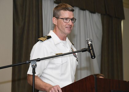 Cmdr. Kenneth Brooks addresses the audience after taking command of Naval Information Warfare Training Group (NIWTG) Norfolk during a change of command ceremony May 16. Cmdr. Brooks relieved Capt. Stephen McIntyre, as the Commanding Officer, during the ceremony. NIWTG provides unsurpassed information operations (IO) support to naval combatant and joint force commanders and leads the transformation of IO in defense of our nation. (U.S. Navy photo by Robert Fluegel/RELEASED)