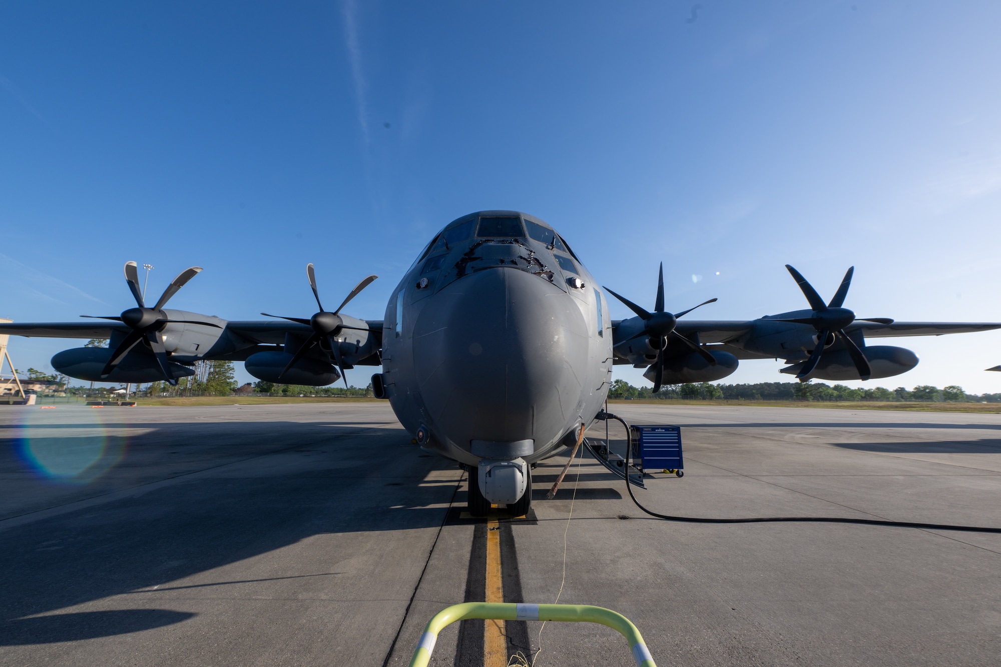 A U.S. Air Force HC-130J Combat King II is prepared for an aero-medical evacuation training at Moody Air Force Base, Georgia, May 1, 2025. The aero-medical evacuation training was the first joint operation between the 71st Rescue Squadron and 908th Aero-Medical Evacuation Squadron. (U.S. Air Force photo by Airman 1st Class Iain Stanley)