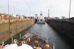 Coast Guard Cutter Forward (WMEC 911) transits the Panama Canal, March 12, 2025. Forward’s crew conducted a 79-day counter-drug patrol in the Eastern Pacific Ocean. (U.S. Coast Guard photo by Petty Officer 2nd Class Preston Haigh)