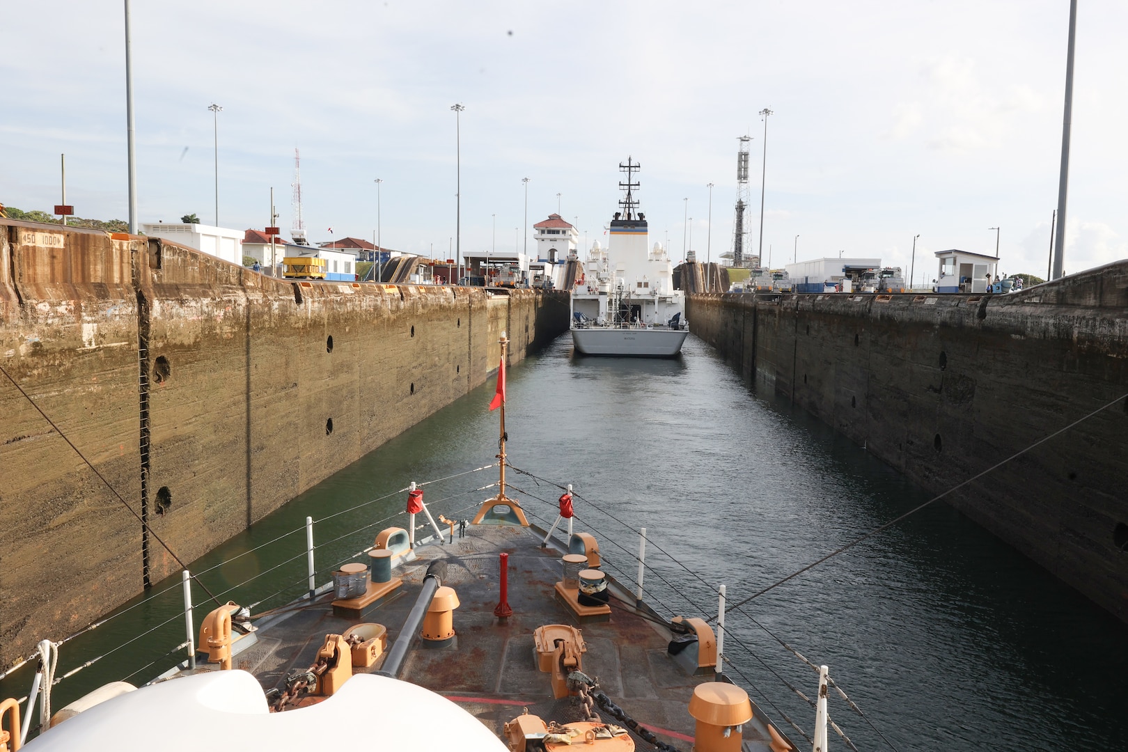 Coast Guard Cutter Forward (WMEC 911) transits the Panama Canal, March 12, 2025. Forward’s crew conducted a 79-day counter-drug patrol in the Eastern Pacific Ocean. (U.S. Coast Guard photo by Petty Officer 2nd Class Preston Haigh)