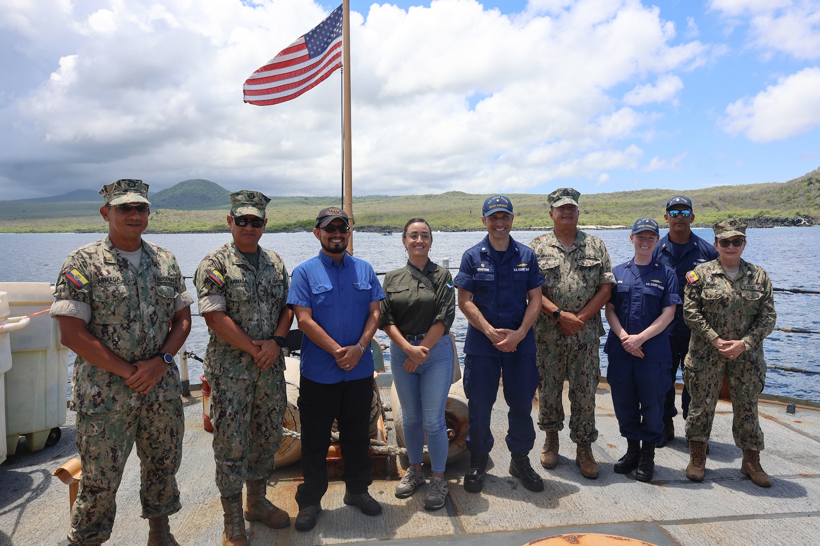 Coast Guard Cutter Forward (WMEC 911) leadership hosts a delegation of Ecuadorian navy personnel and partners aboard the cutter on San Cristóbal Island, Ecuador, March 29, 2025. Forward crew members provided a tour to highlight Coast Guard capabilities in support of U.S., Ecuadorian, and international joint objectives. (U.S. Coast Guard photo by Seaman Tyler Moore)