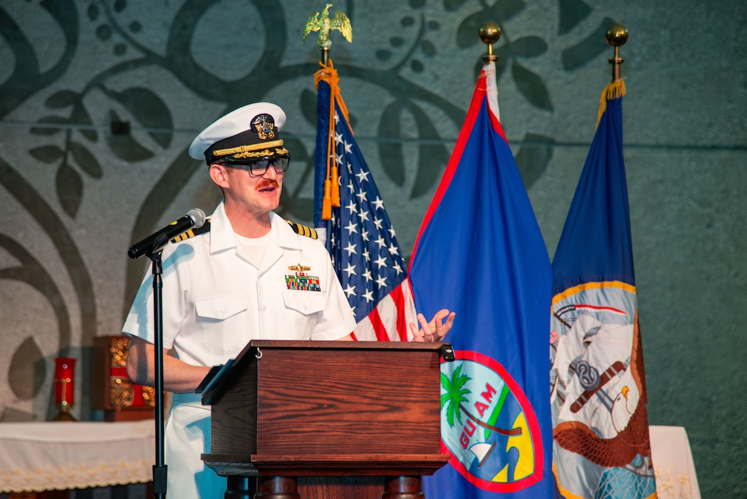 Cmdr. Paul Tortora, commanding officer of Military Sealift Command Ship Support Unit Guam, speaks during a change of command ceremony at the Naval Base Guam chapel, May 16.
