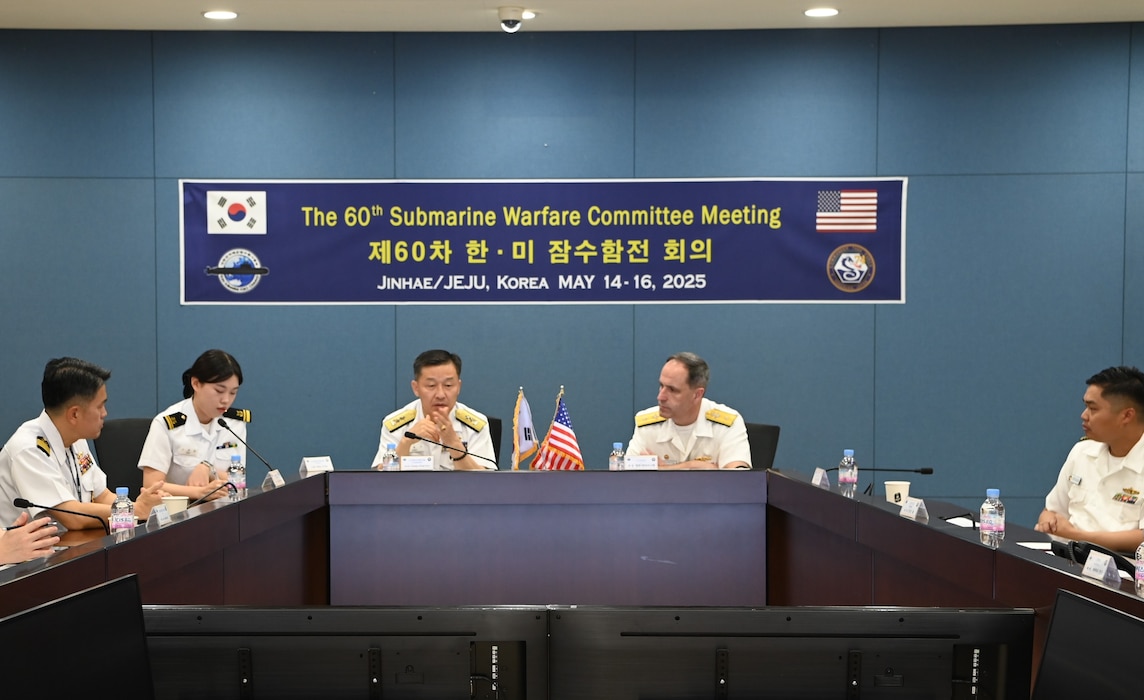 Rear Adm. Kang Dong-goo, commander, Republic of Korea (ROK) Navy Submarine Force and Rear Adm. Lincoln Reifsteck, commander, Submarine Group (CSG) 7, meet at Jeju Island, May 16, 2025, for the 60th Submarine Warfare Committee Meeting (SWCM).