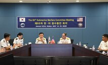 Rear Adm. Kang Dong-goo, commander, Republic of Korea (ROK) Navy Submarine Force and Rear Adm. Lincoln Reifsteck, commander, Submarine Group (CSG) 7, meet at Jeju Island, May 16, 2025, for the 60th Submarine Warfare Committee Meeting (SWCM).