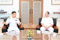 Rear Adm. Kang Dong-goo, commander, Republic of Korea (ROK) Navy Submarine Force, and Rear Adm. Lincoln Reifsteck, commander, Submarine Group (CSG) 7, meet at Jeju Island, May 16, 2025, for the 60th Submarine Warfare Committee Meeting (SWCM).