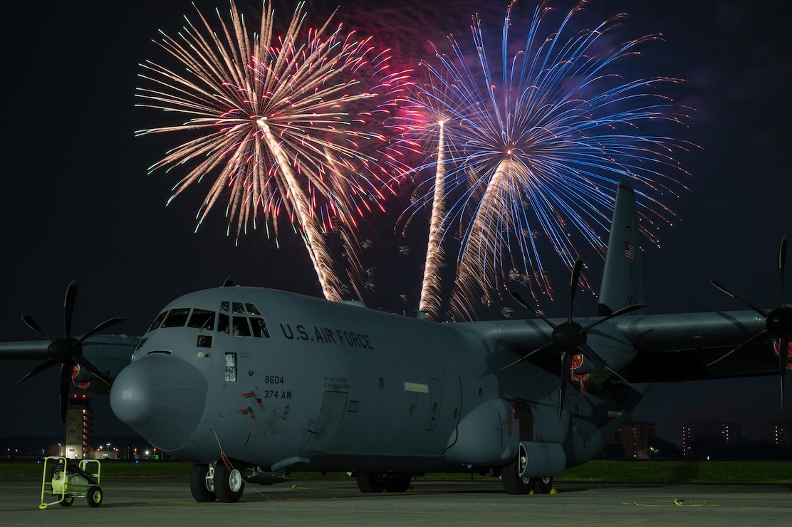 A U.S. Air Force C-130J Super Hercules assigned to the 36th Airlift Squadron sits on the flight line during the 2025 Japanese-American Friendship Festival fireworks display at Yokota Air Base, Japan, May 18, 2025.