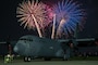 A U.S. Air Force C-130J Super Hercules assigned to the 36th Airlift Squadron sits on the flight line during the 2025 Japanese-American Friendship Festival fireworks display at Yokota Air Base, Japan, May 18, 2025.