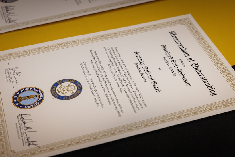 The memorandum of understanding (MOU) between Morehead State University (MSU) and the Kentucky National Guard (KYNG) at MSU in Morehead, Ky. on May 5, 2025. KYNG and MSU signed the MOU to give more educational benefits to Soldiers and Airmen of the KYNG. (U.S. Army National Guard photo by Andy Dickson)
