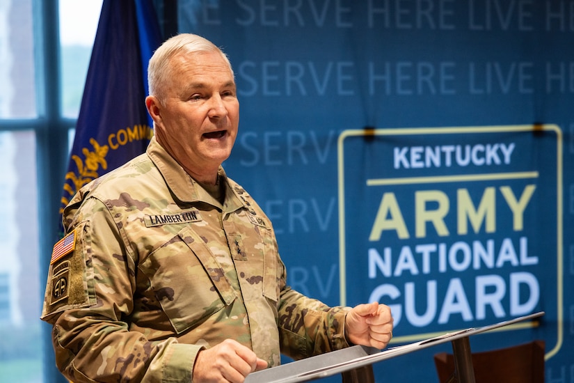 U.S. Army Maj. Gen. Haldane Lamberton, Kentucky’s adjutant general, speaks to the crowd of Kentucky National Guard (KYNG) leaders, recruiters, and Morehead State University (MSU) faculty and staff during the ceremony of the signing of a memorandum of understanding (MOU) between MSU and KYNG at Morehead State University in Morehead, Ky. on May 5, 2025. KYNG and MSU signed the MOU to give more educational benefits to Soldiers and Airmen of the KYNG. (U.S. Army National Guard photo by Andy Dickson)