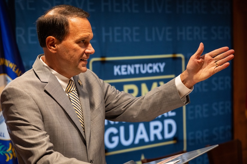 Dr. Jay Morgan, president of Morehead State University (MSU), speaks to the crowd of Kentucky National Guard (KYNG) leaders, recruiters, and MSU faculty and staff during the ceremony of the signing of a memorandum of understanding (MOU) between MSU and KYNG at Morehead State University in Morehead, Ky. on May 5, 2025. KYNG and MSU signed the MOU to give more educational benefits to Soldiers and Airmen of the KYNG. (U.S. Army National Guard photo by Andy Dickson)