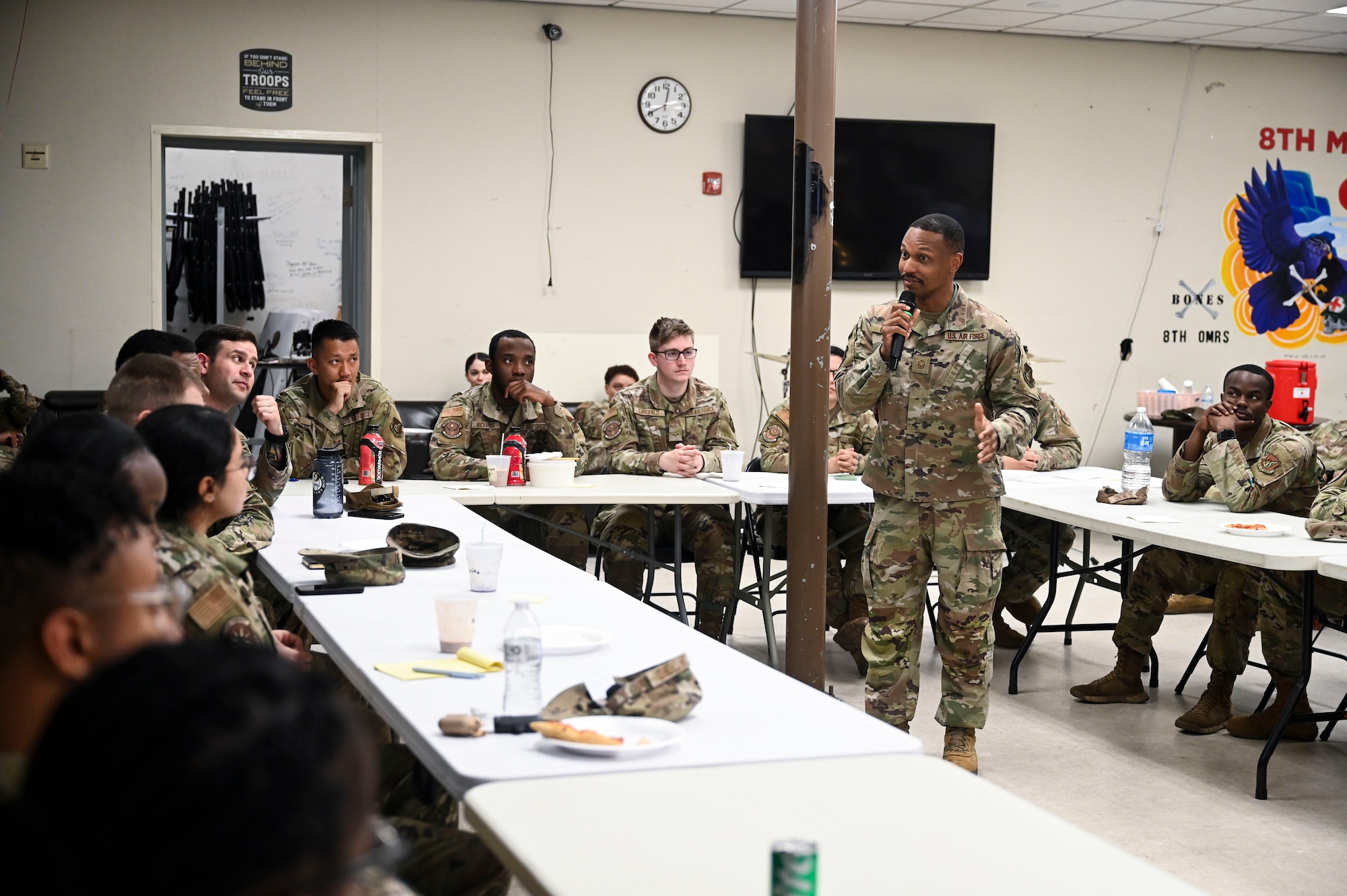U.S. Air Force Master Sgt. Aaron Gibson, 8th Operational Support Team mental health technician, teaches a toxic leadership professional development course to 8th Medical Group Airmen at Kunsan Air Base, Republic of Korea, May 8, 2025. This course offered a different perspective from conventional leadership programs by emphasizing the pitfalls and behaviors to avoid as a leader.
