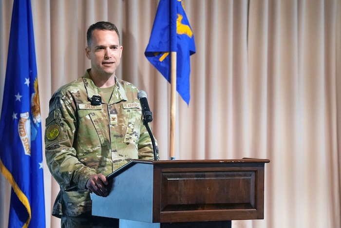 HANSCOM, AIR FORCE BASE, Mass., (May 6, 2025) – Col. Grant Spear gives a speech after being appointed as the Airspace Mission Planning Division’s senior materiel leader at the Hanscom Minuteman Commons, here, May 6, 2025. The division is part of the Department of the Air Force’s Program Executive Office for Command, Control, Communications and Battle Management. Spear assumed the role from Col. Louis Duncan. (Official Air Force Photo by Richard Blumenstein).
