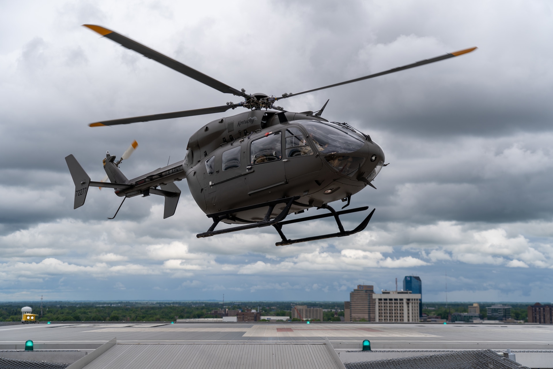 Maj. Curtis Lowe, Chief Warrant Officer 3 James Ashbrook, and Chief Warrant Officer 3 Patrick Ferguson with Charlie Company, 1st Battalion, 376th Aviation Regiment, 751st Troop Command, 63rd Theater Aviation Brigade, Kentucky Army National Guard conducted a training flight to the rooftop of University of Kentucky Albert B. Chandler Hospital in Lexington, Ky. on May 5, 2025.