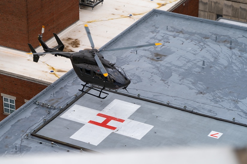 Maj. Curtis Lowe, Chief Warrant Officer 3 James Ashbrook, and Chief Warrant Officer 3 Patrick Ferguson with Charlie Company, 1st Battalion, 376th Aviation Regiment, 751st Troop Command, 63rd Theater Aviation Brigade, Kentucky Army National Guard conducted a training flight to the rooftop of University of Kentucky Albert B. Chandler Hospital in Lexington, Ky. on May 5, 2025.