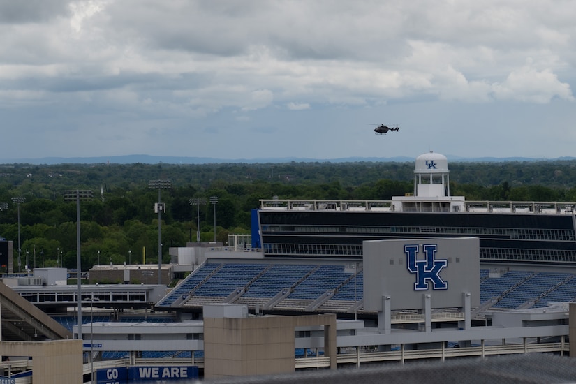 Maj. Curtis Lowe, Chief Warrant Officer 3 James Ashbrook, and Chief Warrant Officer 3 Patrick Ferguson with Charlie Company, 1st Battalion, 376th Aviation Regiment, 751st Troop Command, 63rd Theater Aviation Brigade, Kentucky Army National Guard conducted a training flight to the rooftop of University of Kentucky Albert B. Chandler Hospital in Lexington, Ky. on May 5, 2025.