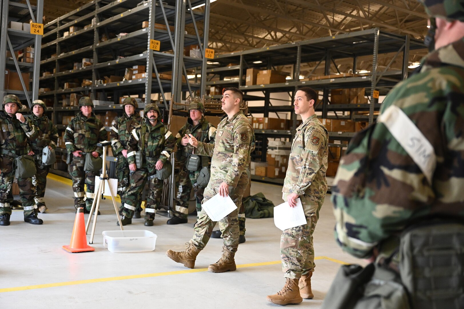 Aircrew members with the 168th Wing Operations Group participate in hands-on CBRN training during the May drill weekend at Eielson Air Force Base, Alaska, May 3, 2025.
