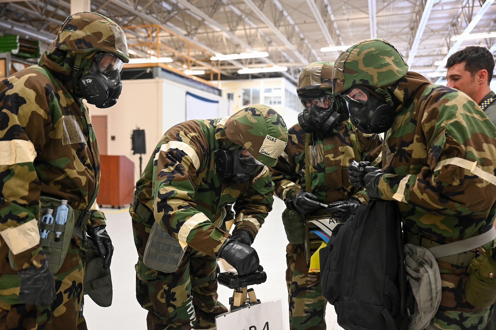 Aircrew members with the 168th Wing Operations Group participate in hands-on CBRN training during the May drill weekend at Eielson Air Force Base, Alaska, May 3, 2025.