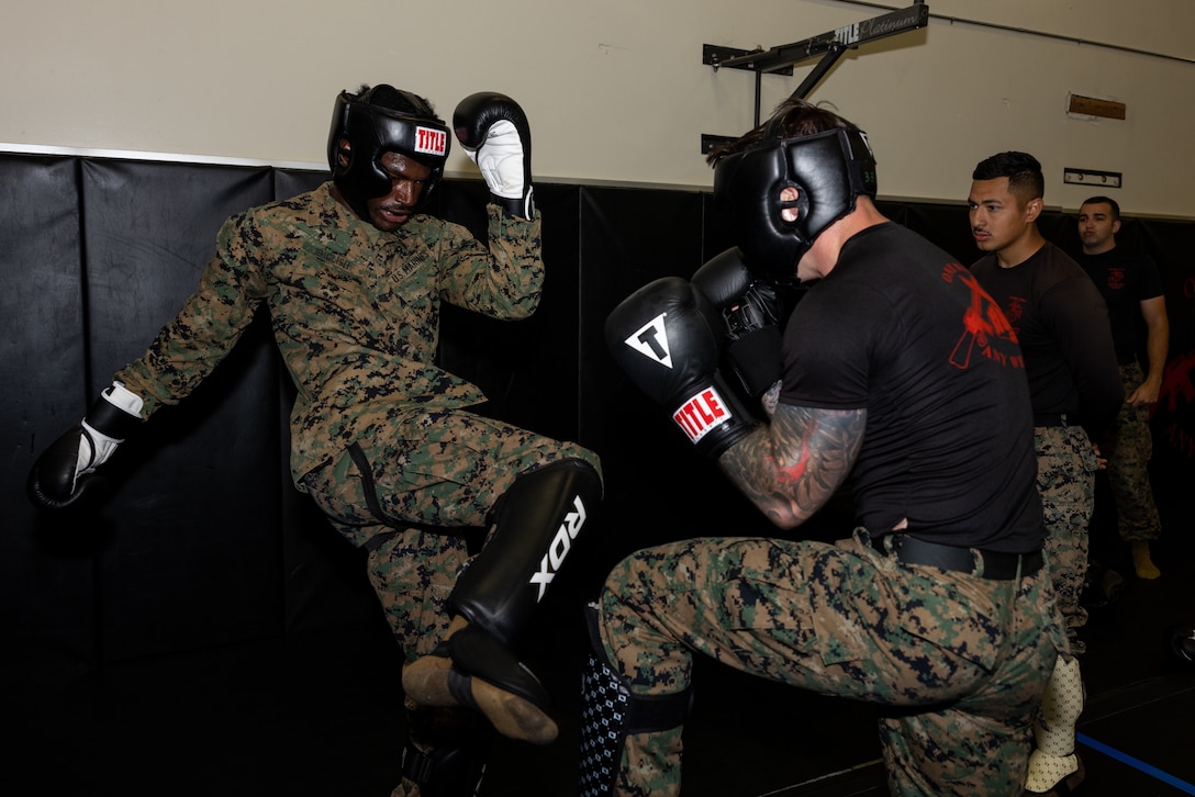 U.S. Marine Corps Cpl. Lesean English, left, a field artillery cannoneer with 2nd Battalion, 11th Marine Regiment, 1st Marine Division, spars with Sgt. Cameron Gottschalk, a martial arts instructor trainer with Weapons and Field Training Battalion, Marine Corps Recruit Depot San Diego, during Martial Arts Instructor Course 79-25 at Marine Corps Base Camp Pendleton, California, May 2, 2025.